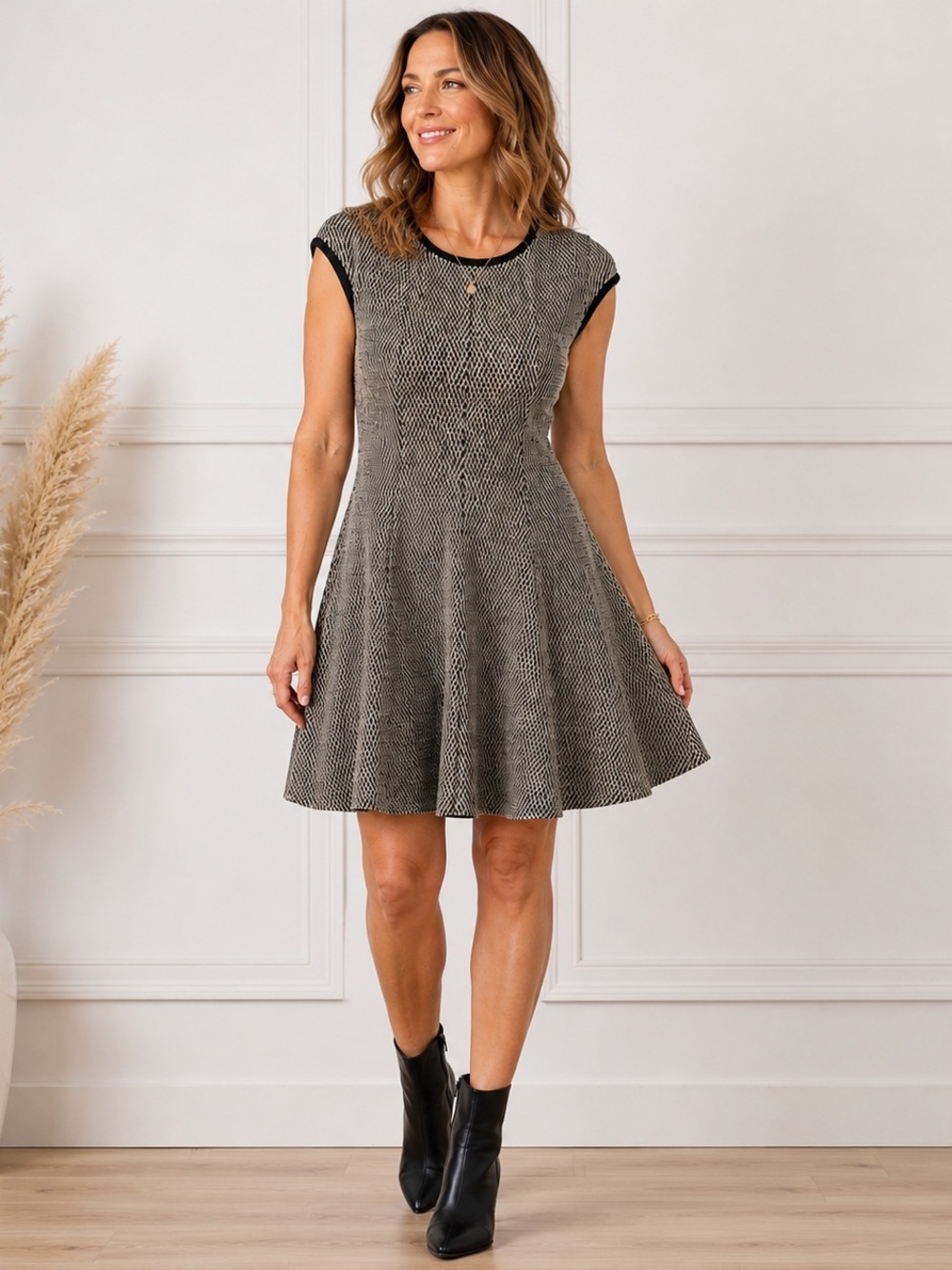 Black Taupe Textured Fit & Flare Dress